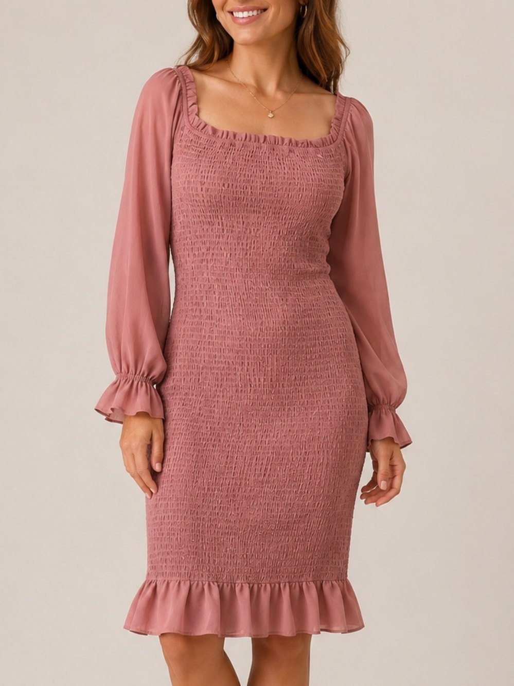 Baltic Born Pink Ruffled Sheath Dress with Bishop Sleeves